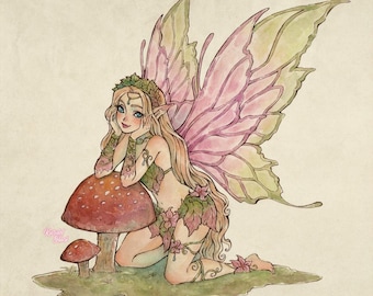 Pink Fairy Art Print: Whimsical Cottagecore Illustration