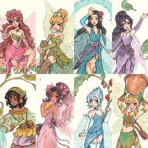 May include: Watercolor illustration of ten fairies with detailed wings and floral or nature-inspired attire. Each fairy has a unique hairstyle and pose, with a variety of colors including green, pink, blue, and gold.
