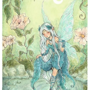 May include: A watercolour illustration of a fairy with long white hair and translucent teal wings standing in a pond. The fairy wears a teal leaf-patterned outfit and a necklace. The scene includes pink flowers, green vines, and a crescent moon.