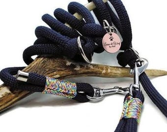 Woof Leash | Shark 3-Point Leash Navy Blue / Rainbow in 10mm Paracord