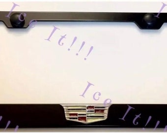 Cadillac Classic 3D Front License Plate Frame Black Stainless Steel with Caps