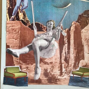 May include: A collage featuring a woman on a swing in a desert landscape with a crescent moon and a ringed planet in the sky. A man in a blue costume is climbing a rock formation in the background. Two green armchairs are in the foreground.