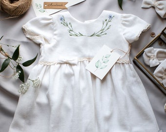 Ivory Baptism Dress - Embroidered floral pattern, Natural, Linen, Cotton, Baby dress, christening dress, 1st Birthday dress, Linen Baby Dres