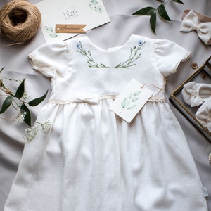 Embroidered Linen Baby Dress: Ivory Floral Christening Gown