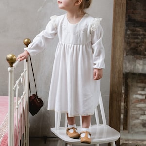 Ivory long sleeve baby dress, Baby lace dress, Linen Baby Baptism Dress, Christening dress Baptism dress, Dress with roses, Handmade dress
