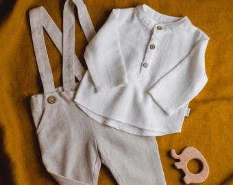 Baby Boy Linen Outfit: Christening Suit with Adjustable Suspenders