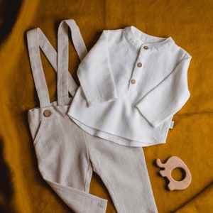 Baby Boy Linen Outfit: Christening Suit with Adjustable Suspenders