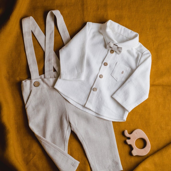 Baby Boy Christening Gown, Christening Set Outfit for boy, Long Pants with Straps, Boy Fly, Summer Baptism Outfit, Clothes for Boy