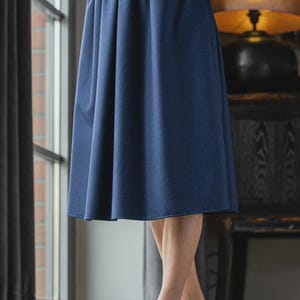 Handmade Merino Wool Midi Skirt: Navy Blue A-Line with Pockets