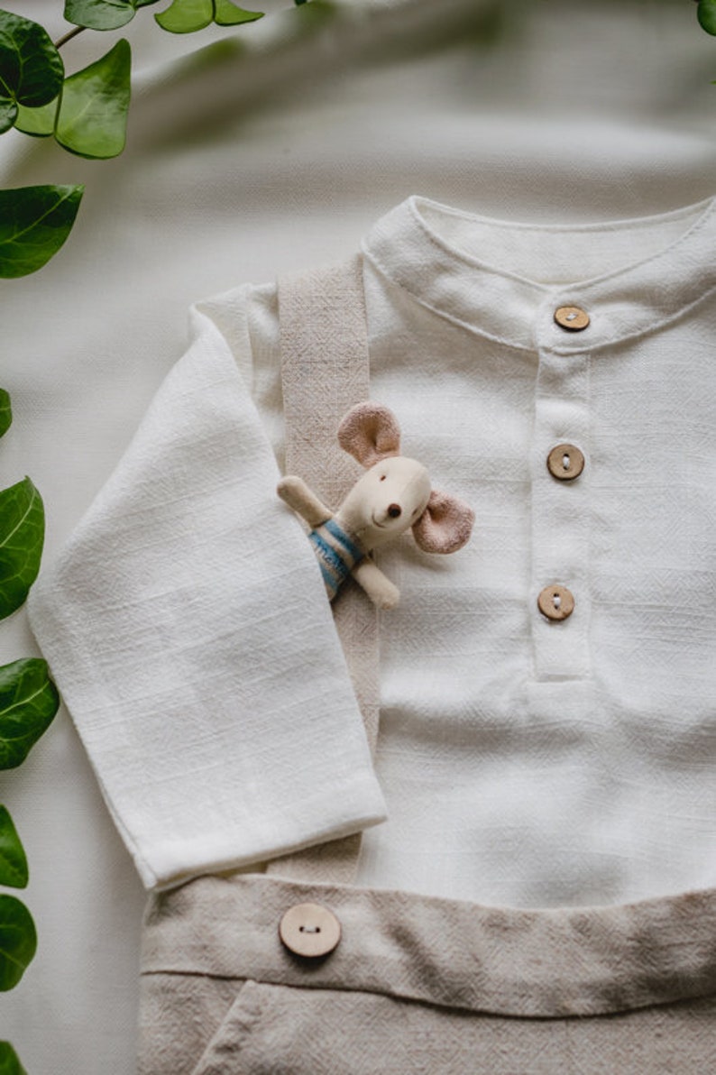 Shirt with a stand-up collar for a boy, Baptism shirt for a boy, Elegant shirt for a boy, Linen clothes for children zdjęcie 3