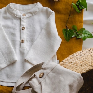 Shirt with a stand-up collar for a boy, Baptism shirt for a boy, Elegant shirt for a boy, Linen clothes for children zdjęcie 4
