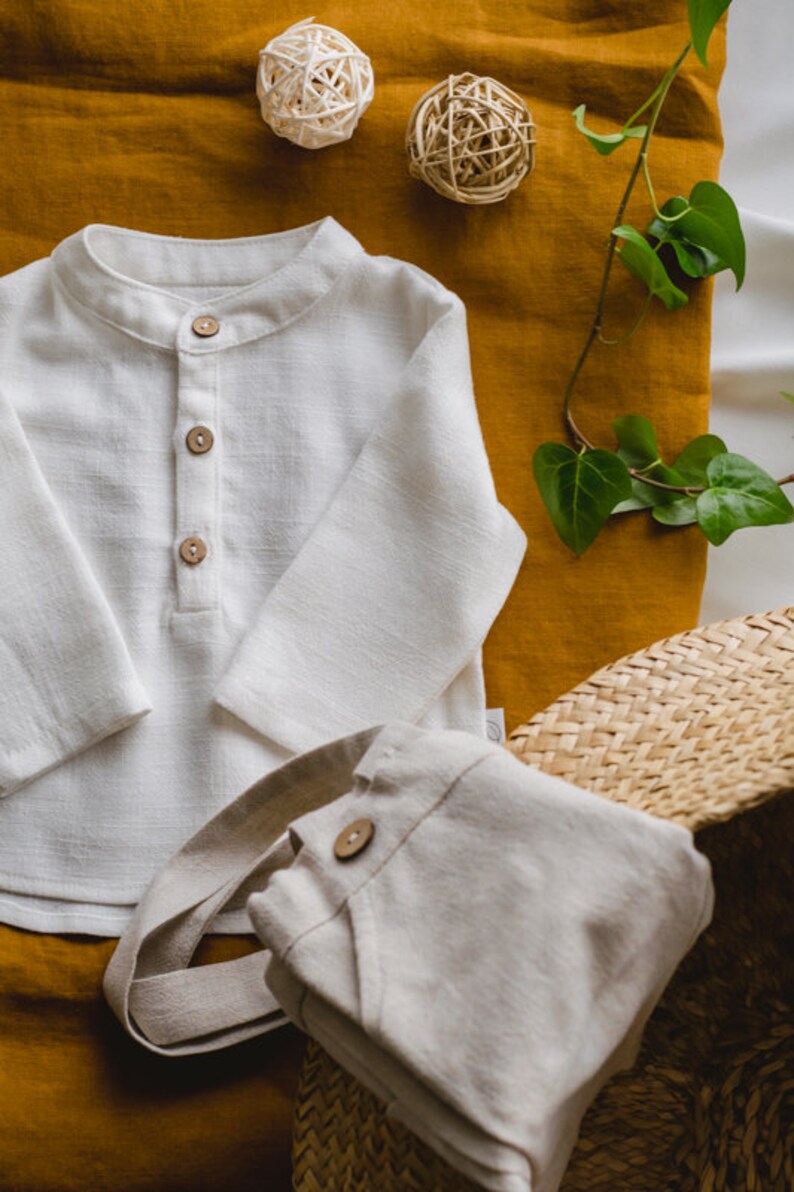 Shirt with a stand-up collar for a boy, Baptism shirt for a boy, Elegant shirt for a boy, Linen clothes for children zdjęcie 4