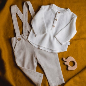 Shirt with a stand-up collar for a boy, Baptism shirt for a boy, Elegant shirt for a boy, Linen clothes for children zdjęcie 5