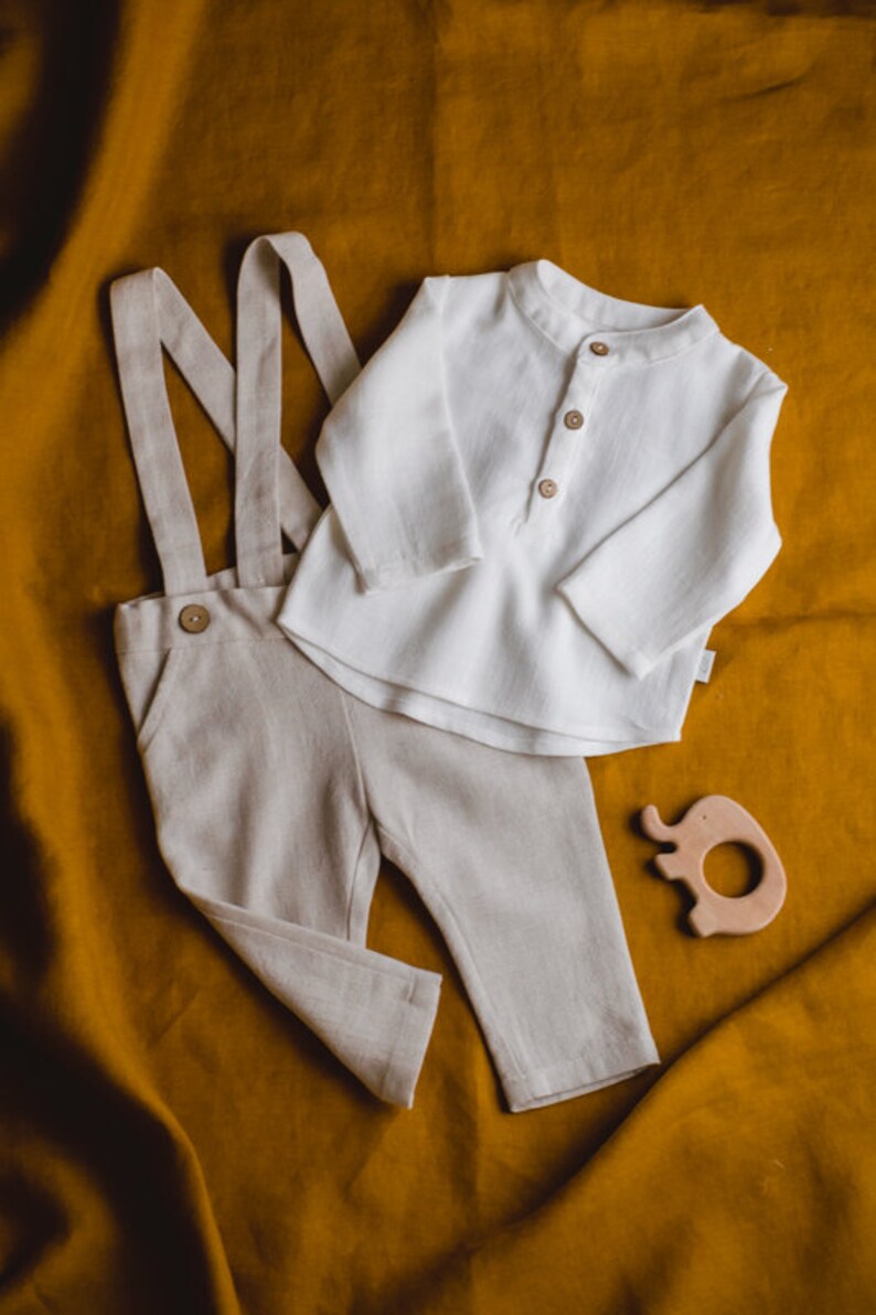 Shirt with a stand-up collar for a boy, Baptism shirt for a boy, Elegant shirt for a boy, Linen clothes for children zdjęcie 5