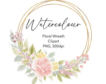 Watercolour Floral Wreath Clipart, Floral Garland, Gold Frame Flowers, PNG File with Transparent Background, 300 dpi