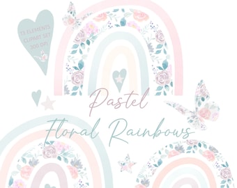 Floral Pastel Rainbow Clipart, Instant Download, Boho Rainbows Digital Clip Art Set, PNG File