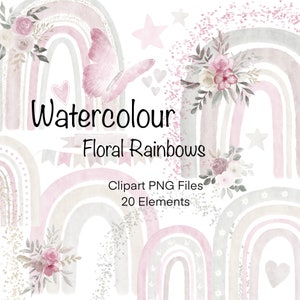 花柄の虹のクリップアート PNG 即時ダウンロード、ボヘミアン レインボー デジタル クリップアート セット、PNG ファイル