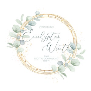 Eucalyptus aquarelle et couronne de verdure or Clipart, cadre floral, fichier PNG numérique avec fond transparent, 300 dpi