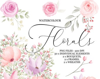 Watercolour Floral Clipart, Elements, Floral Arrangements, Wreaths, Bouquets, Frames, PNG Watercolour Flowers Set