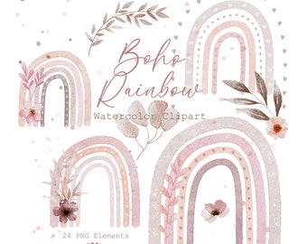 Floral Boho Rainbow Clipart PNG Instant Download, Boho Rainbows Digital Clip Art Set, PNG File