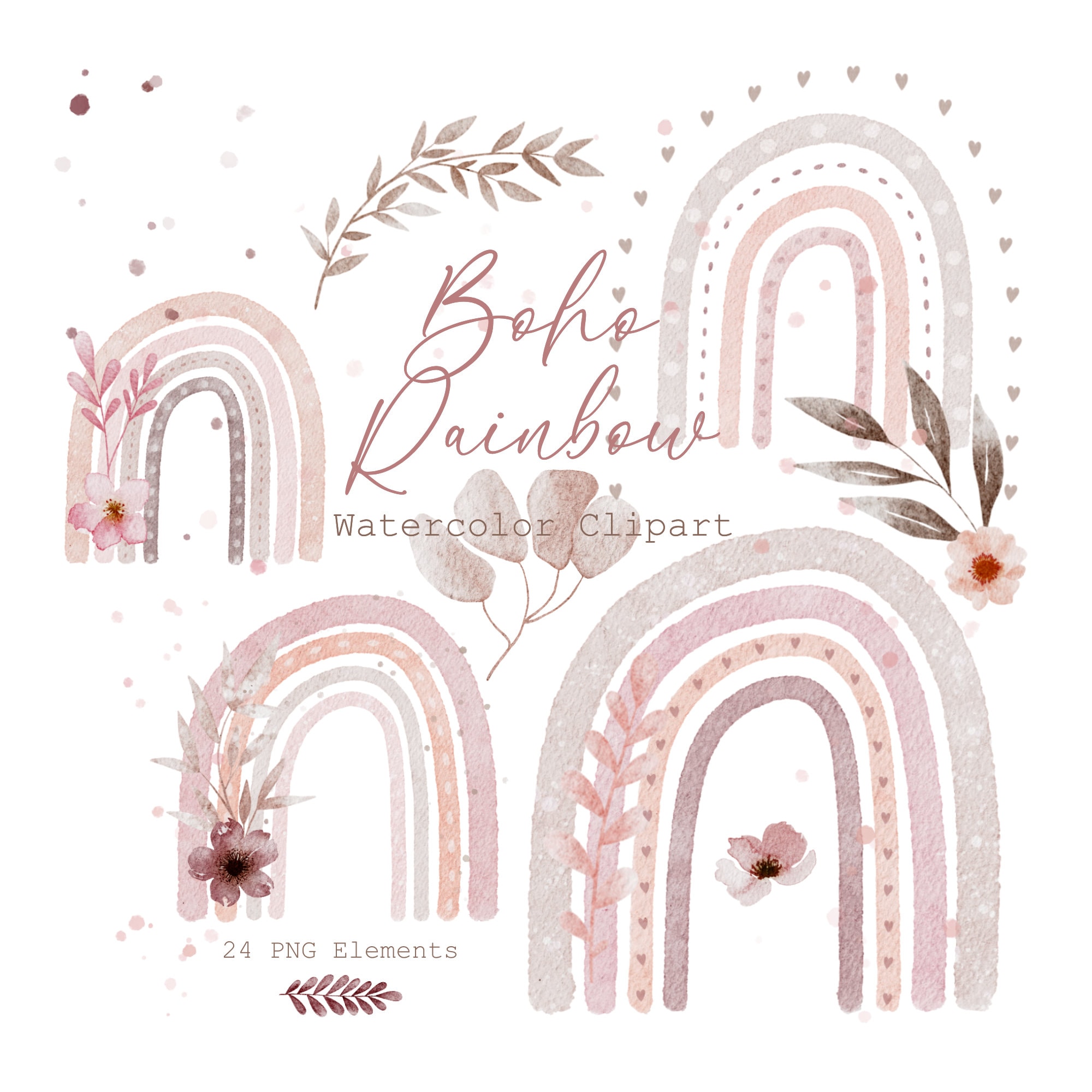Floral Boho Rainbow Clipart PNG Instant Download, Boho Rainbows Digital ...