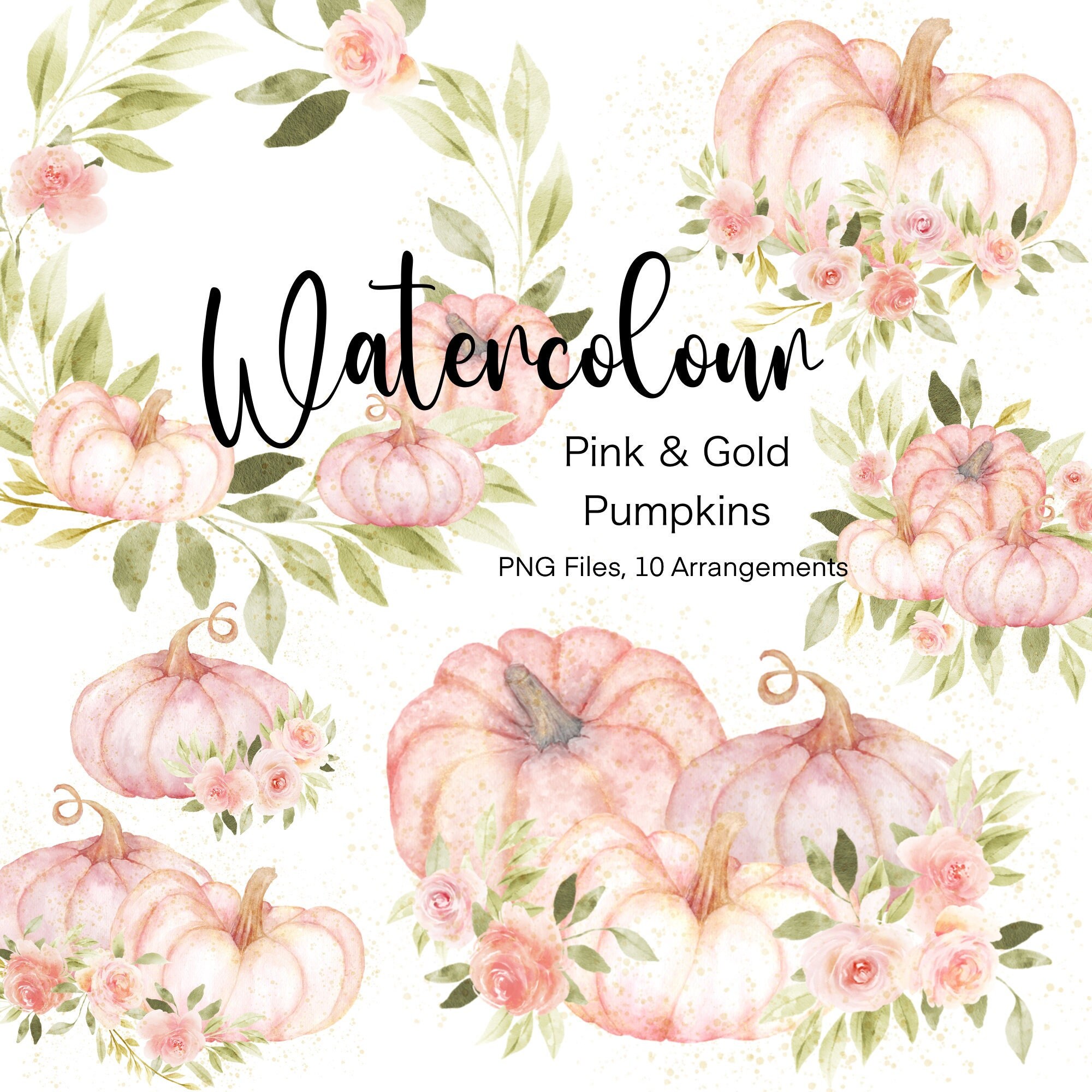 Watercolor Pink & Gold Pumpkin Clipart PNG Arrangements, Autumn Fall ...