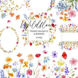 Aquarelle fleurs sauvages cadres floraux bouquets bordure Clipart PNG, fichier PNG en téléchargement numérique instantané arrière-plan Transparent, 300 dpi