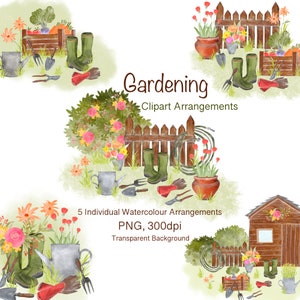 Acuarela Jardinería Clipart Arreglo PNG Fondo Transparente, Herramientas de Jardín, Plantas, Descarga Instantánea Imágenes Prediseñadas Digitales