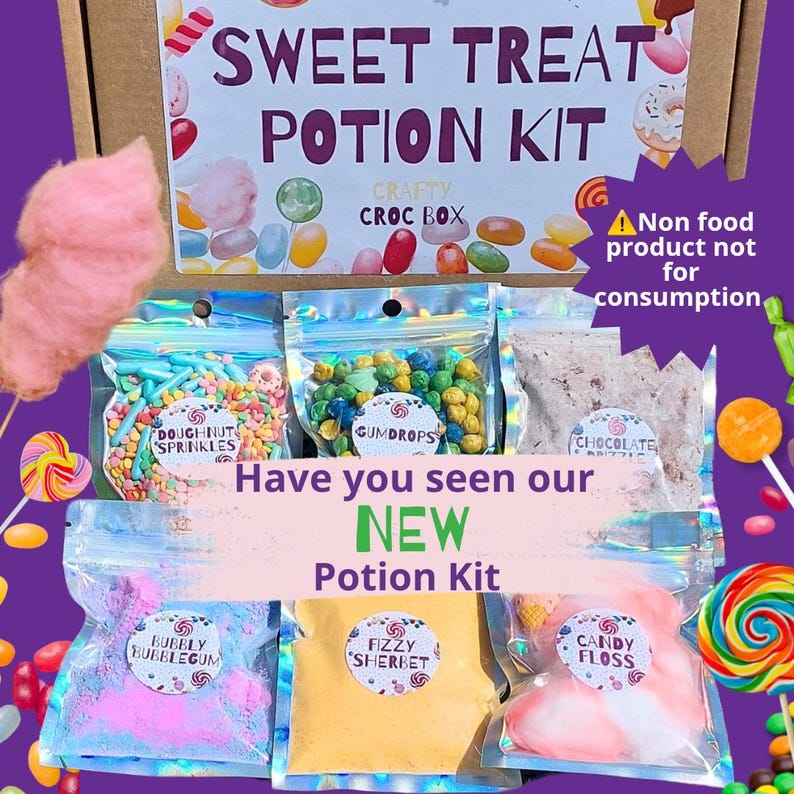 May include: A Sweet Treat Potion Kit with various colorful ingredients in clear bags, including sprinkles, gumdrops, and candy floss. The kit is labeled "Crafty Croc Box" and includes the text "Non food product not for consumption."