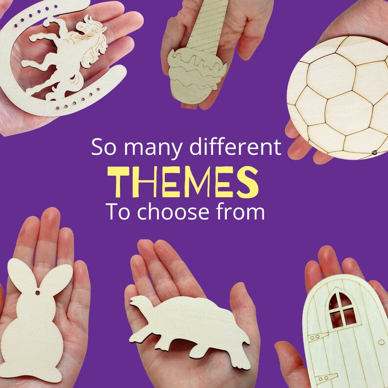 May include: A collection of wooden cutouts in various shapes and themes, including a horseshoe, ice cream cone, football, turtle, bunny, and a door. The text "So many different THEMES To choose from" is displayed in the centre of the image.