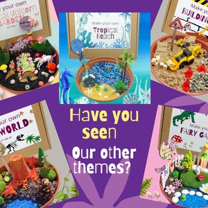 May include: Five different sensory play kits with various themes: Magical Unicorn Garden, Tropical Beach, Building Site, Dino World, and Fairy Garden. Each kit includes a small bowl filled with sand or other sensory materials, miniature figurines, and decorative elements.