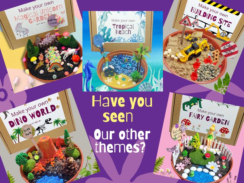 May include: Five different sensory play kits with various themes: Magical Unicorn Garden, Tropical Beach, Building Site, Dino World, and Fairy Garden. Each kit includes a small bowl filled with sand or other sensory materials, miniature figurines, and decorative elements.
