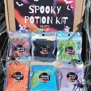 May include: A Spooky Potion Kit box containing six iridescent pouches labelled Zombie Brains, Bat Eyes, Witch's Toenails, Pumpkin Pop, Booger Bubbles, and Spell Dust. Includes a wooden spoon, a plastic eyeball, and two black plastic spider toys.