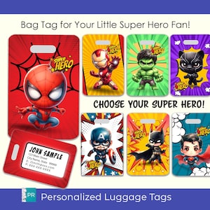 Personalized Luggage Tags for your little Super Hero! Travel Accessory, Diaper Bag Tag, Durable luggage finder tags for kids!