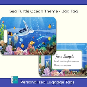 May include: A blue and green luggage tag with a sea turtle, coral, and fish design. The tag has a white label with the text "Jane Sample", "Email: JaneSample@xxxx.com", and "Phone: xxx-xxx-xxxx".