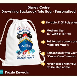 May include: A white drawstring backpack tote bag featuring a Disney Cruise graphic with the text Cruise Crew 2024 and Disney Adventure. The bag measures 15 inches wide by 18 inches tall, is made of 210D polyester, and has reinforced metal grommets.