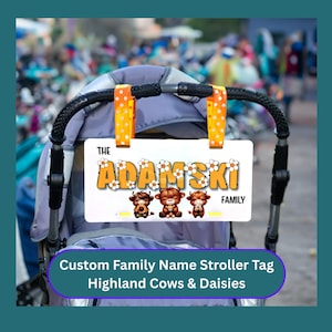 Stroller Tag Sign with Custom Family Name and Highland Cow Theme, Aluminum,  Waterproof