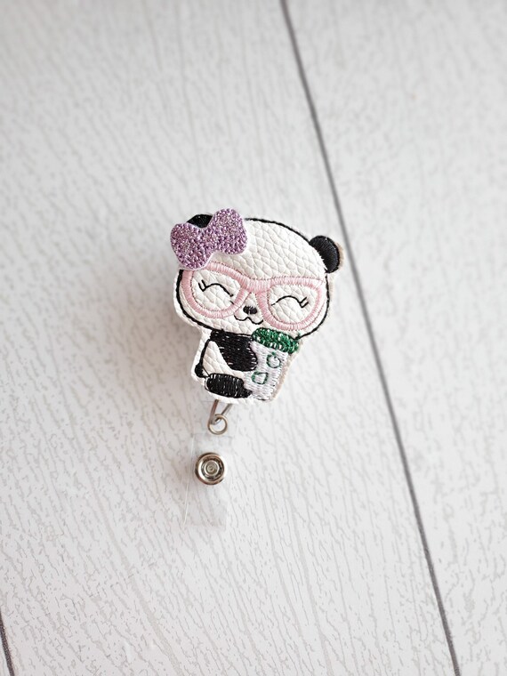 Cute Panda With Coffee Retractable Badge Reel With Alligator or