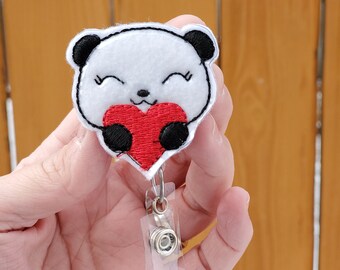 Panda bear valentine badge reel, retractable badge reel clip, registered nurse, name badge, cute badge reels, rn, arprn, work badge, heart