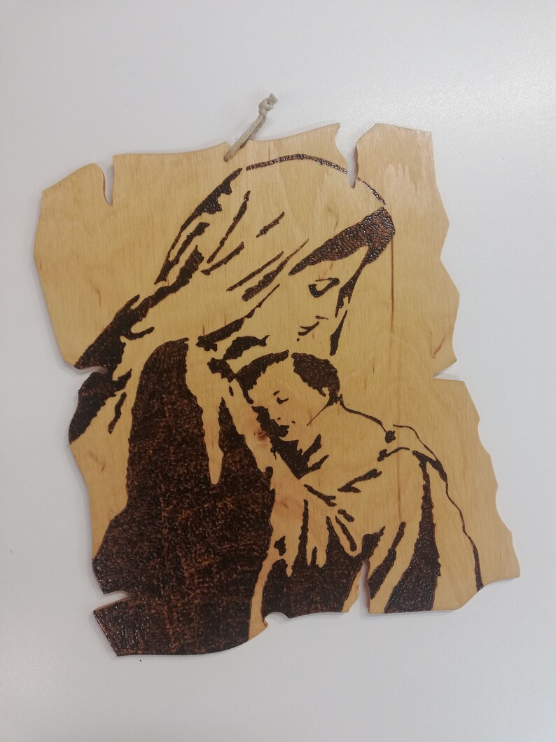 Wood Burning Art Pyrography Art Virgin Mary Jesus Christ image 0