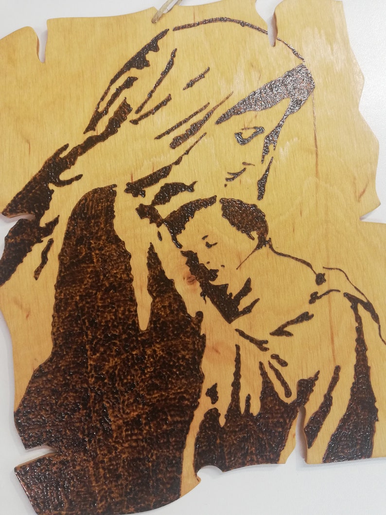 Wood Burning Art Pyrography Art Virgin Mary Jesus Christ image 1