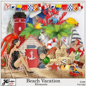 May include: Beach vacation themed digital clipart set featuring a red lighthouse, a beach hut, a lifeguard buoy, a sandcastle, a palm tree, a seagull, a woman in a swimsuit, a red starfish, a crab, and a life preserver.