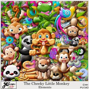 May include: A digital collage featuring colourful cartoon animals, including monkeys, pandas, snakes, lions and a frog. The collage has a whimsical and playful theme, with the text "The Cheeky Little Monkey Elements" at the bottom.