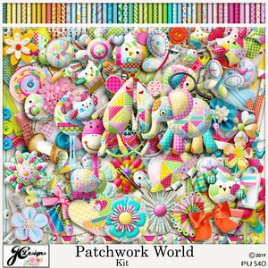 Op de afbeelding: Een digitale scrapbookingkit met een patchworkthema. De kit bevat een verscheidenheid aan kleurrijke elementen, waaronder bloemen, vogels, olifanten en harten. De kit is perfect om unieke en gepersonaliseerde scrapbookpagina's te maken.