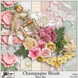 May include: A digital scrapbooking kit with a romantic theme featuring a bouquet of pink and yellow roses, a cherub with a bow and arrow, a vintage frame, and a lace umbrella. The kit includes papers, embellishments, and other digital elements for creating scrapbook pages, cards, and other crafts.