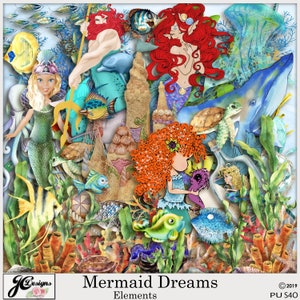 May include: A digital collage of mermaid themed illustrations. The collage features mermaids, sea creatures, coral, and seashells. The text "Mermaid Dreams Elements" is at the bottom of the image.