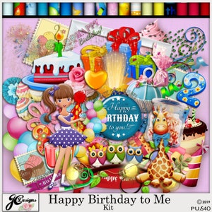May include: A digital scrapbooking kit with a colorful birthday theme. The kit includes images of a birthday cake, presents, balloons, a giraffe, owls, and a girl in a polka dot dress. The text "Happy Birthday to You!" is featured on a blue circle with stars.