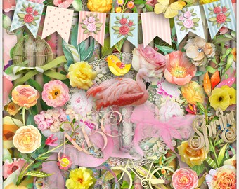 May include: A digital collage of spring-themed images, including flowers, birds, a flamingo, a bicycle, and the words "Sweet Spring Days".