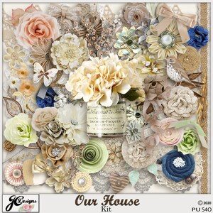 Puede incluir: Un kit de scrapbooking digital con un tema vintage que presenta una variedad de elementos florales, incluyendo rosas, hortensias y otras flores en tonos crema, blanco y azul. El kit también incluye una variedad de otros elementos, como cintas, encaje y botones. El texto "Our House Kit" se muestra en la parte inferior de la imagen.