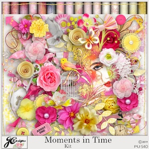 May include: A digital scrapbook kit titled "Moments in Time" featuring a collage of pink, yellow, and white flowers, a bird, and a woman's face. The design includes a ticket, a lock, and a clock, with the text "Moments in Time" and "Kit".